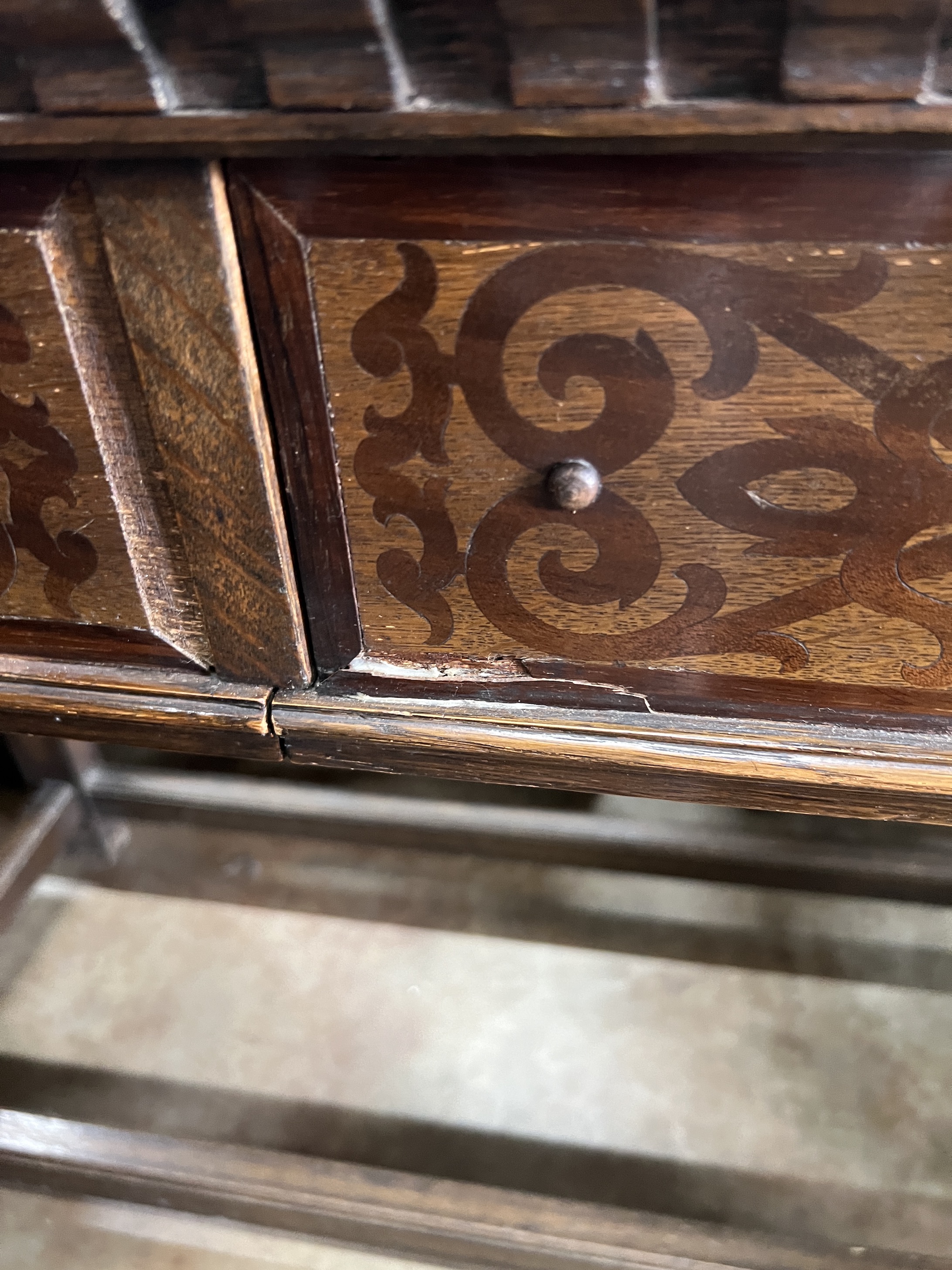 An 18th century style oak two drawer serving table, width 122cm, depth 61cm, height 92cm